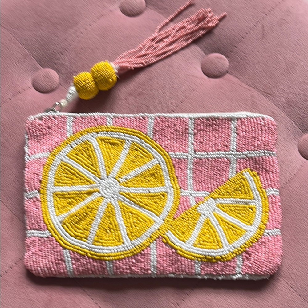 Pink and Yellow Lemon Beaded Pouch/Clutch